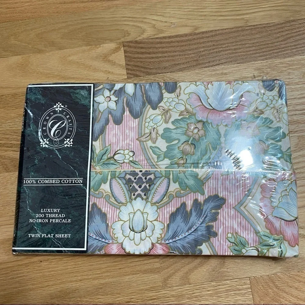 Crown Crafts Milan Twin Flat Sheet NEW Floral 100% Combed Cotton Floral Green